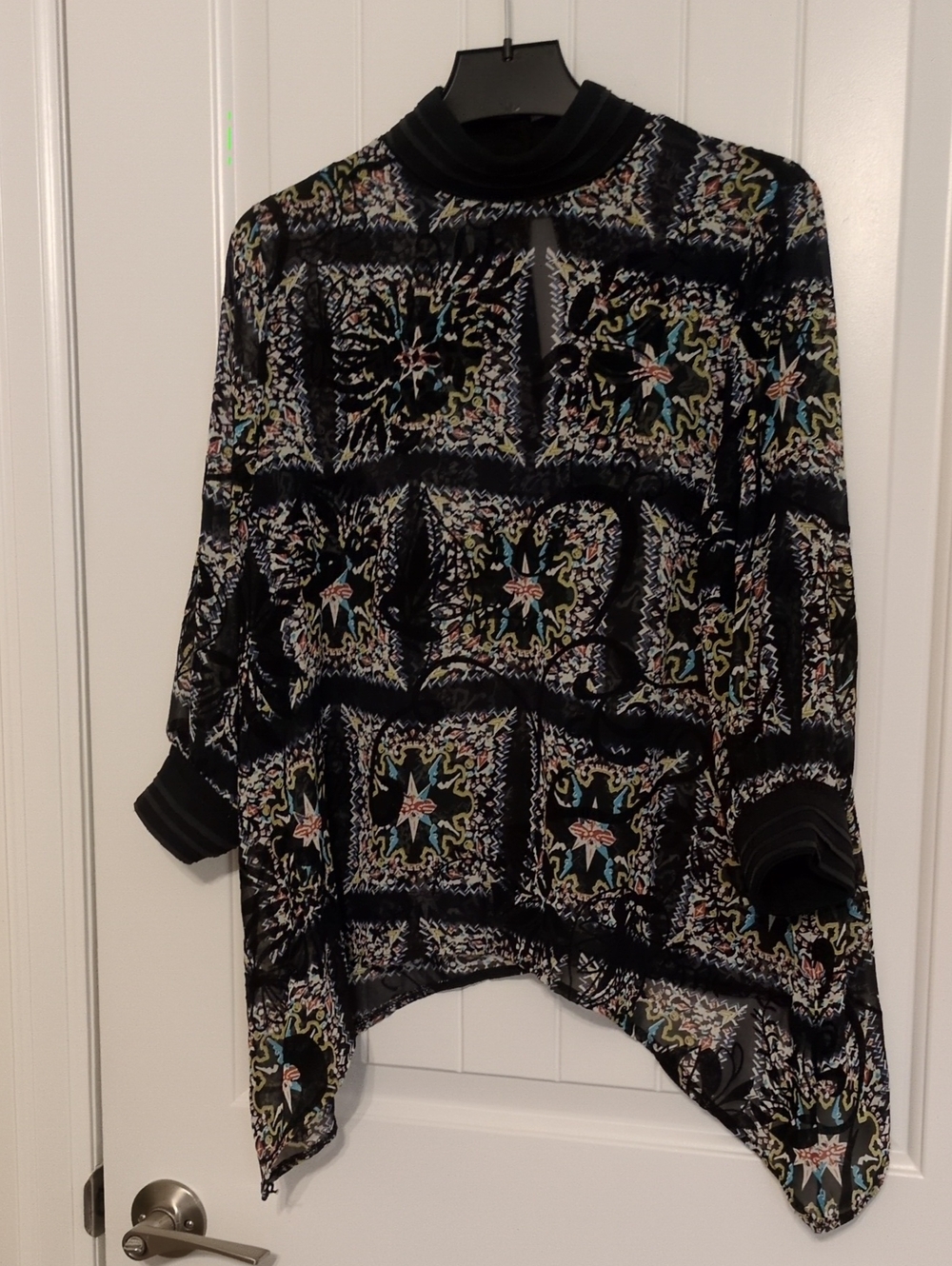Sears Black Multicolor Patterned High-Low Blouse